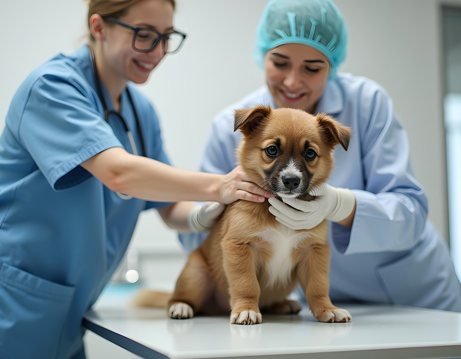 Furry puppy at the veterinarian for sick care.