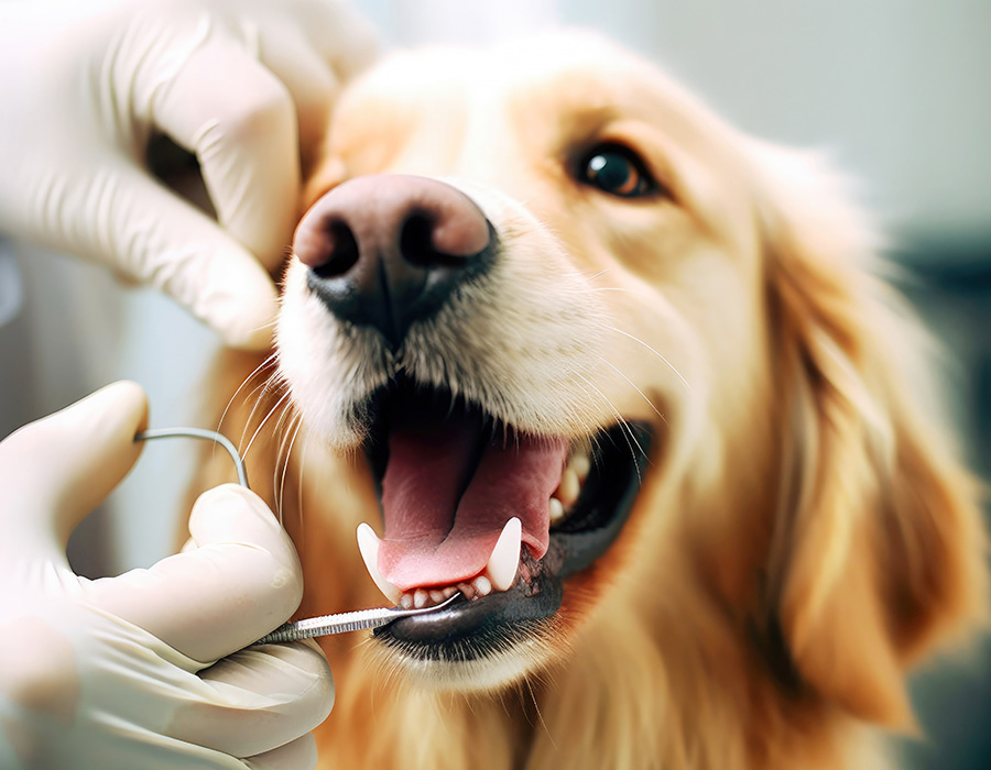 Dog getting its teeth inspected at the vet.