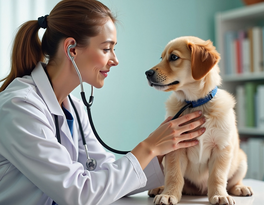 Veterinary technician listening to a puppy's heartbeat.